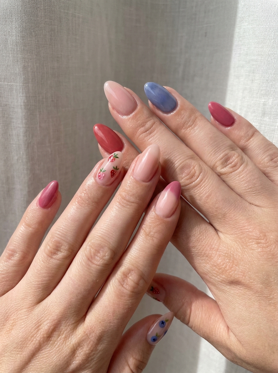 Mixed Berry Nails mit Erdbeer-, Himbeer- und Blaubeer Akzenten
